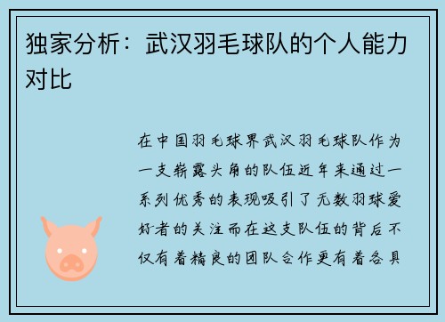 独家分析：武汉羽毛球队的个人能力对比