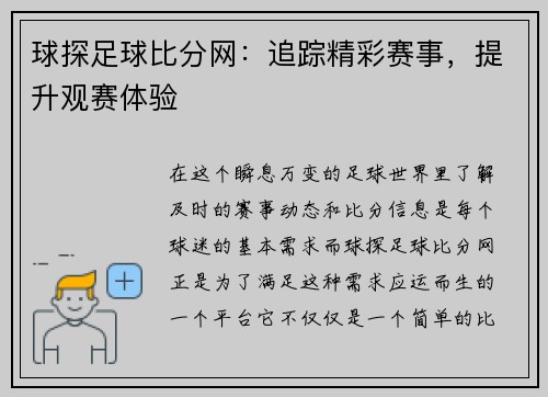 球探足球比分网：追踪精彩赛事，提升观赛体验