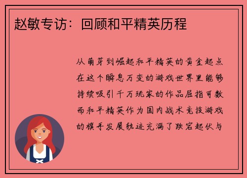 赵敏专访：回顾和平精英历程