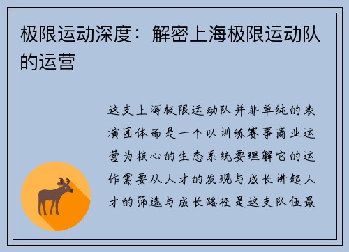 极限运动深度：解密上海极限运动队的运营